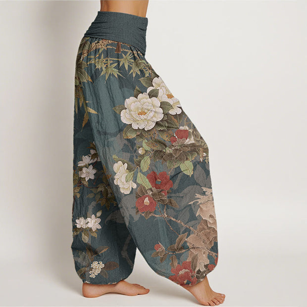 Buddha Stones Pure Cotton Casual Peony Flowers Leaves Magpie Women's Elastic Waist Harem Pants