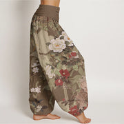 Buddha Stones Pure Cotton Casual Peony Flowers Leaves Magpie Women's Elastic Waist Harem Pants