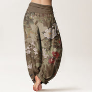 Buddha Stones Pure Cotton Casual Peony Flowers Leaves Magpie Women's Elastic Waist Harem Pants