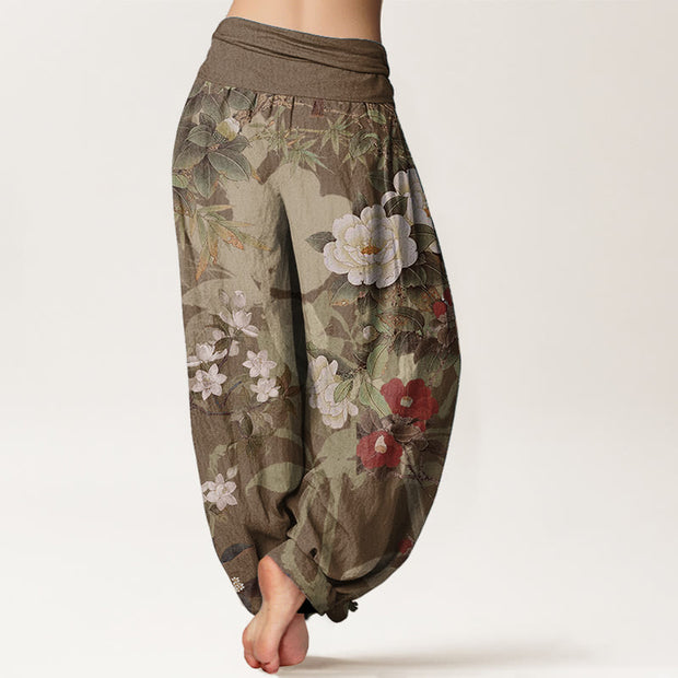 Buddha Stones Pure Cotton Casual Peony Flowers Leaves Magpie Women's Elastic Waist Harem Pants