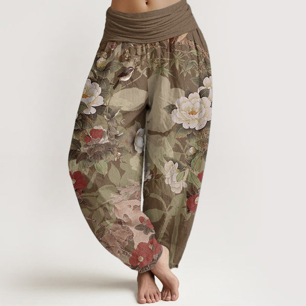 Buddha Stones Pure Cotton Casual Peony Flowers Leaves Magpie Women's Elastic Waist Harem Pants