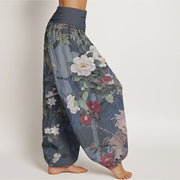 Buddha Stones Pure Cotton Casual Peony Flowers Leaves Magpie Women's Elastic Waist Harem Pants