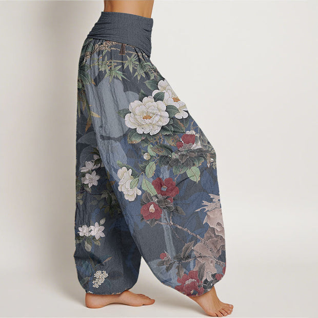 Buddha Stones Pure Cotton Casual Peony Flowers Leaves Magpie Women's Elastic Waist Harem Pants