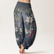 Buddha Stones Pure Cotton Casual Peony Flowers Leaves Magpie Women's Elastic Waist Harem Pants
