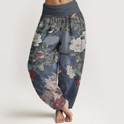 Buddha Stones Pure Cotton Casual Peony Flowers Leaves Magpie Women's Elastic Waist Harem Pants