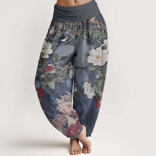 Buddha Stones Pure Cotton Casual Peony Flowers Leaves Magpie Women's Elastic Waist Harem Pants