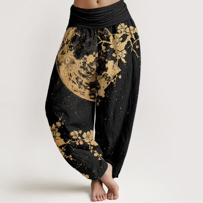 Buddha Stones Pure Cotton Golden Plum Blossom Full Moon Pattern Women's Elastic Waist Harem Pants