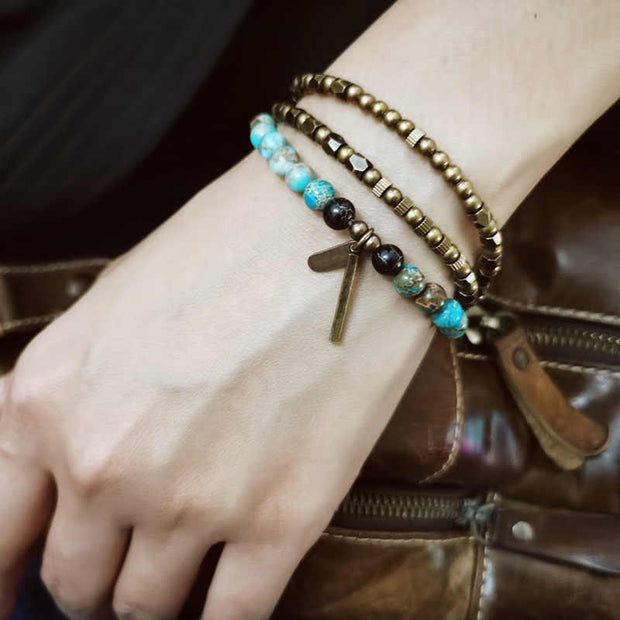 Buddha Stones Vintage Distressed Simple Design Copper Brass Beads Wealth Bracelet