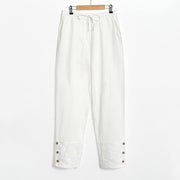 Buddha Stones White Lace Patchwork Design Women's Cotton Linen Pants With Pockets