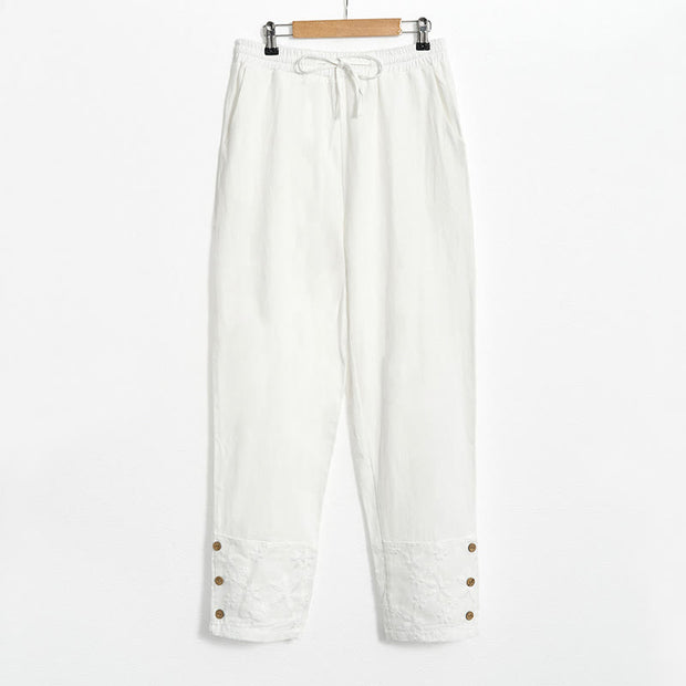 Buddha Stones White Lace Patchwork Design Women's Cotton Linen Pants With Pockets