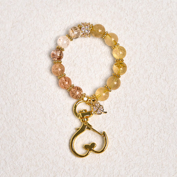 Buddha Stones Golden Rutilated Quartz Auspiciousness Key Chain Hanging Decoration