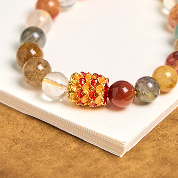 Buddha Stones Natural Colorful Rutilated Quartz Yin Yang Protection Bracelet