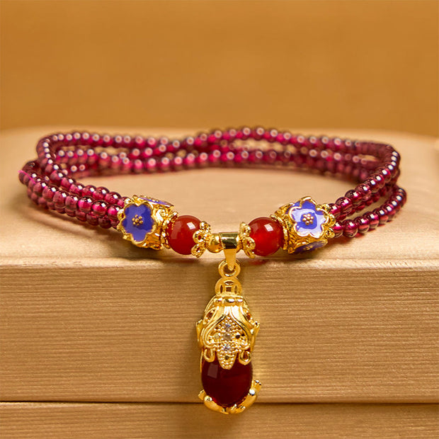Buddha Stones Natural 3mm Garnet Beads PiXiu Flower Purification Multilayer Bracelet