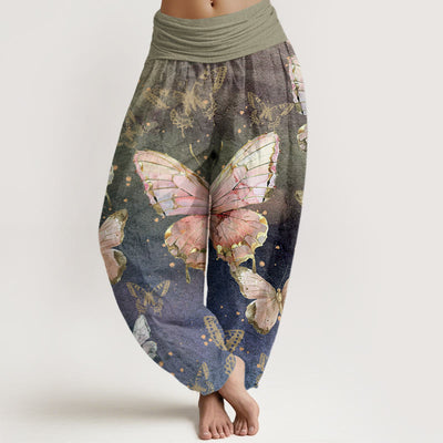 Buddha Stones Vintage Butterfly Pattern Women's Elastic Waist Harem Pants