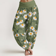 Buddha Stones White Petals Daisy Pattern Women's Elastic Waist Harem Pants