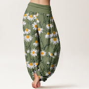 Buddha Stones White Petals Daisy Pattern Women's Elastic Waist Harem Pants
