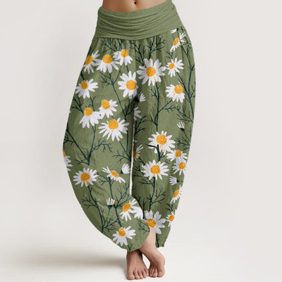 Buddha Stones White Petals Daisy Pattern Women's Elastic Waist Harem Pants