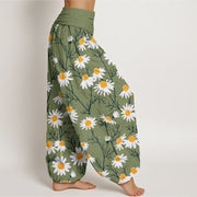 Buddha Stones White Petals Daisy Pattern Women's Elastic Waist Harem Pants