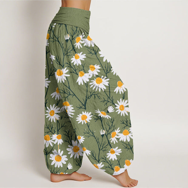 Buddha Stones White Petals Daisy Pattern Women's Elastic Waist Harem Pants