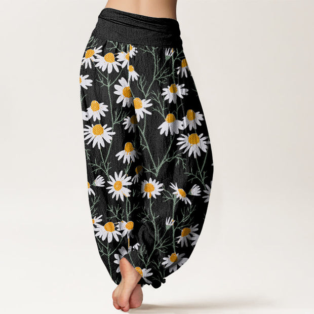 Buddha Stones White Petals Daisy Pattern Women's Elastic Waist Harem Pants
