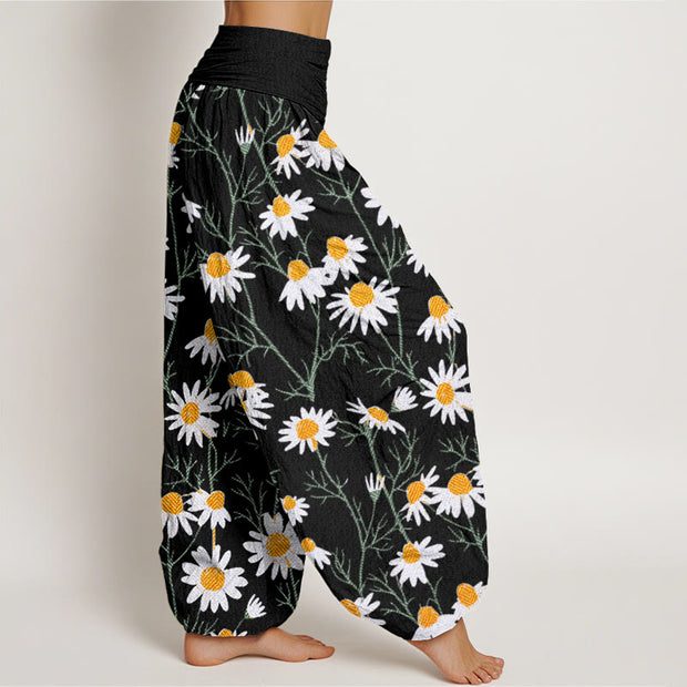 Buddha Stones White Petals Daisy Pattern Women's Elastic Waist Harem Pants