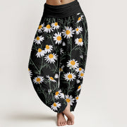 Buddha Stones White Petals Daisy Pattern Women's Elastic Waist Harem Pants