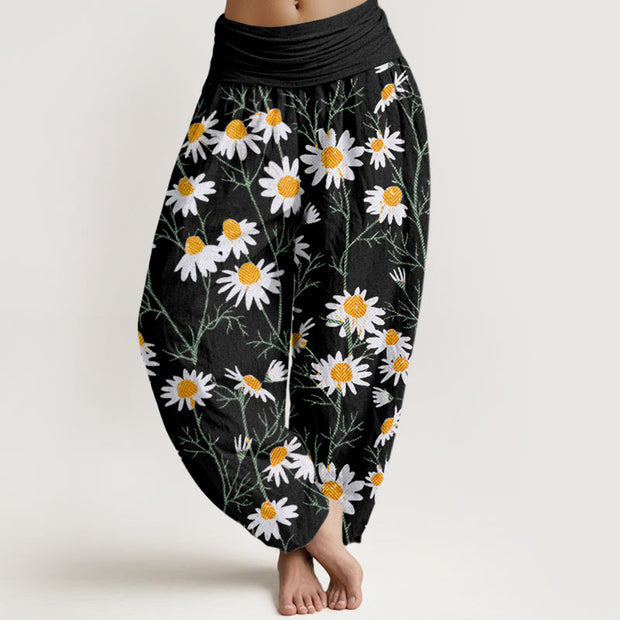 Buddha Stones White Petals Daisy Pattern Women's Elastic Waist Harem Pants