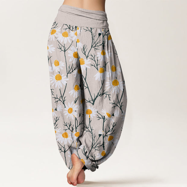 Buddha Stones White Petals Daisy Pattern Women's Elastic Waist Harem Pants