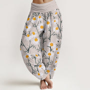 Buddha Stones White Petals Daisy Pattern Women's Elastic Waist Harem Pants