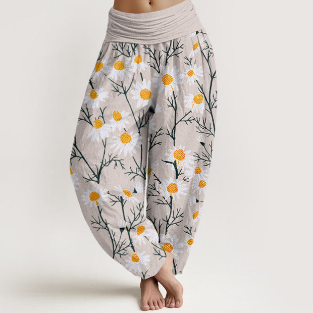 Buddha Stones White Petals Daisy Pattern Women's Elastic Waist Harem Pants