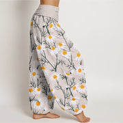 Buddha Stones White Petals Daisy Pattern Women's Elastic Waist Harem Pants