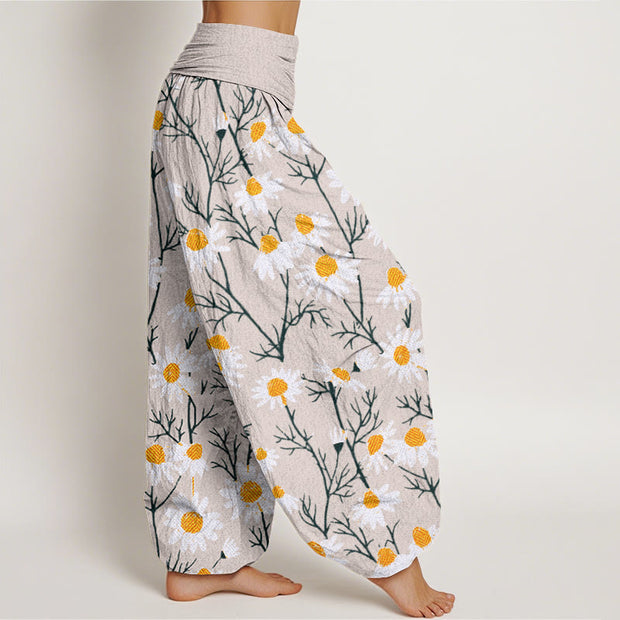 Buddha Stones White Petals Daisy Pattern Women's Elastic Waist Harem Pants
