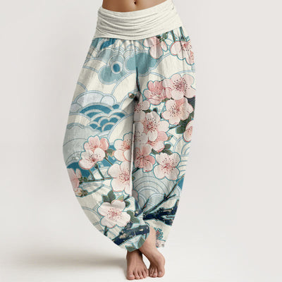 Buddha Stones Cherry Blossom Wave Pattern Women's Elastic Waist Harem Pants
