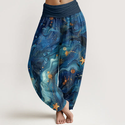 Buddha Stones Oceanic Golde Star Pattern Women's Elastic Waist Harem Pants