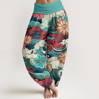 Buddha Stones Colorful Ocean Wave Various Flower Pattern Women's Elastic Waist Harem Pants