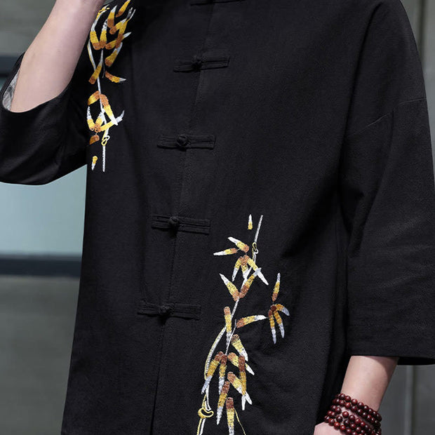 Buddha Stones Embroidery Men's  Chinese Frog-Button Three Quarter Sleeve Shirt Clothing