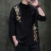 Buddha Stones Embroidery Men's  Chinese Frog-Button Three Quarter Sleeve Shirt Clothing