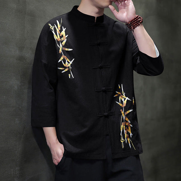 Buddha Stones Embroidery Men's  Chinese Frog-Button Three Quarter Sleeve Shirt Clothing