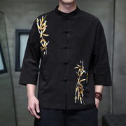 Buddha Stones Embroidery Men's  Chinese Frog-Button Three Quarter Sleeve Shirt Clothing