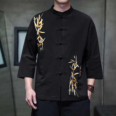 Buddha Stones Embroidery Men's  Chinese Frog-Button Three Quarter Sleeve Shirt Clothing