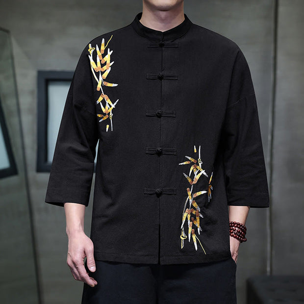 Buddha Stones Embroidery Men's  Chinese Frog-Button Three Quarter Sleeve Shirt Clothing