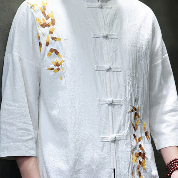 Buddha Stones Embroidery Men's  Chinese Frog-Button Three Quarter Sleeve Shirt Clothing
