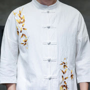 Buddha Stones Embroidery Men's  Chinese Frog-Button Three Quarter Sleeve Shirt Clothing