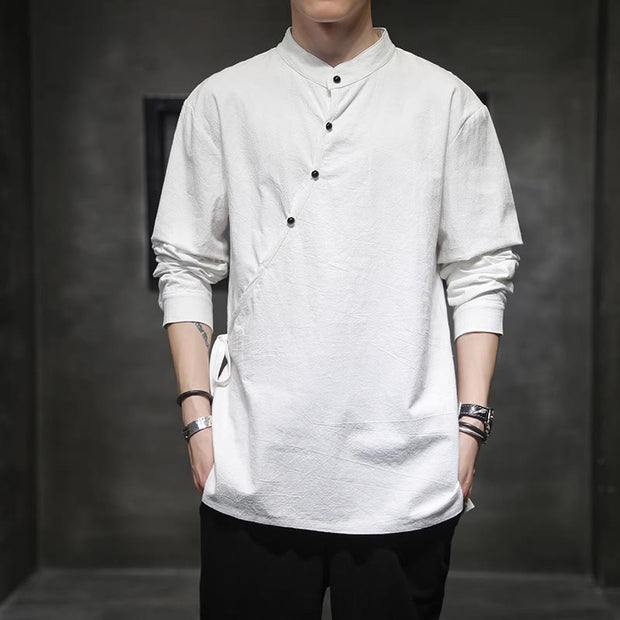 Buddha Stones Plain Lace-Up Simple Button Design Men's Long Sleeve Cotton Linen Shirt Clothing