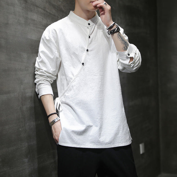 Buddha Stones Plain Lace-Up Simple Button Design Men's Long Sleeve Cotton Linen Shirt Clothing