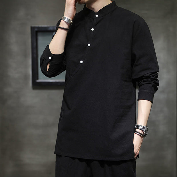 Buddha Stones Plain Lace-Up Simple Button Design Men's Long Sleeve Cotton Linen Shirt Clothing