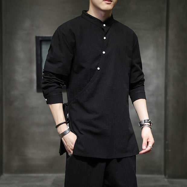 Buddha Stones Plain Lace-Up Simple Button Design Men's Long Sleeve Cotton Linen Shirt Clothing