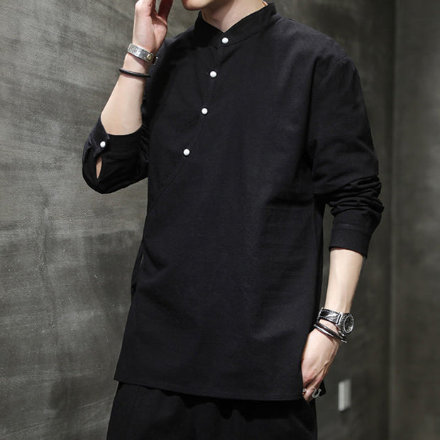 Buddha Stones Plain Lace-Up Simple Button Design Men's Long Sleeve Cotton Linen Shirt Clothing