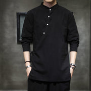 Buddha Stones Plain Lace-Up Simple Button Design Men's Long Sleeve Cotton Linen Shirt Clothing