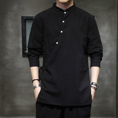 Buddha Stones Plain Lace-Up Simple Button Design Men's Long Sleeve Cotton Linen Shirt Clothing